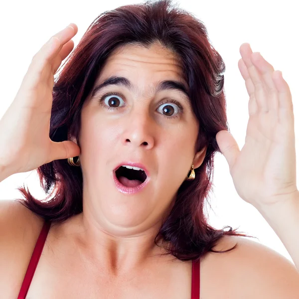 Збуджена іспаномовна жінка кричить ізольовано на білому — стокове фото