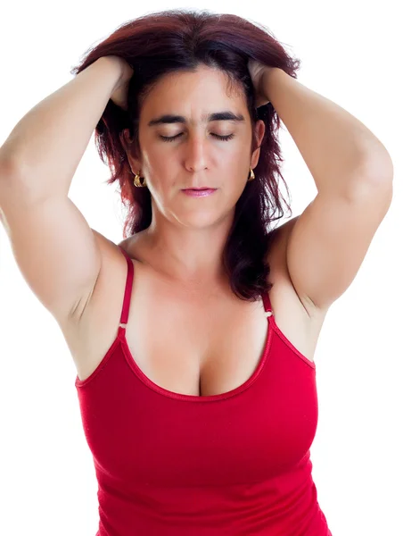 Mulher hispânica estressada com dor de cabeça — Fotografia de Stock