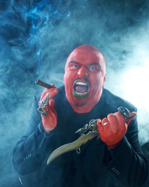 Angry red faced man with knife and cigar clipart