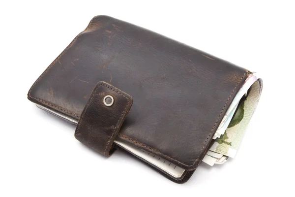 Para birimi ile kahverengi cüzdan — Stok fotoğraf