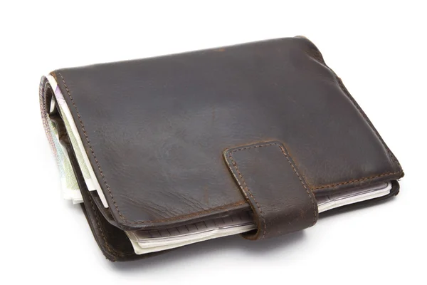 Brun plånbok med valuta — Stockfoto