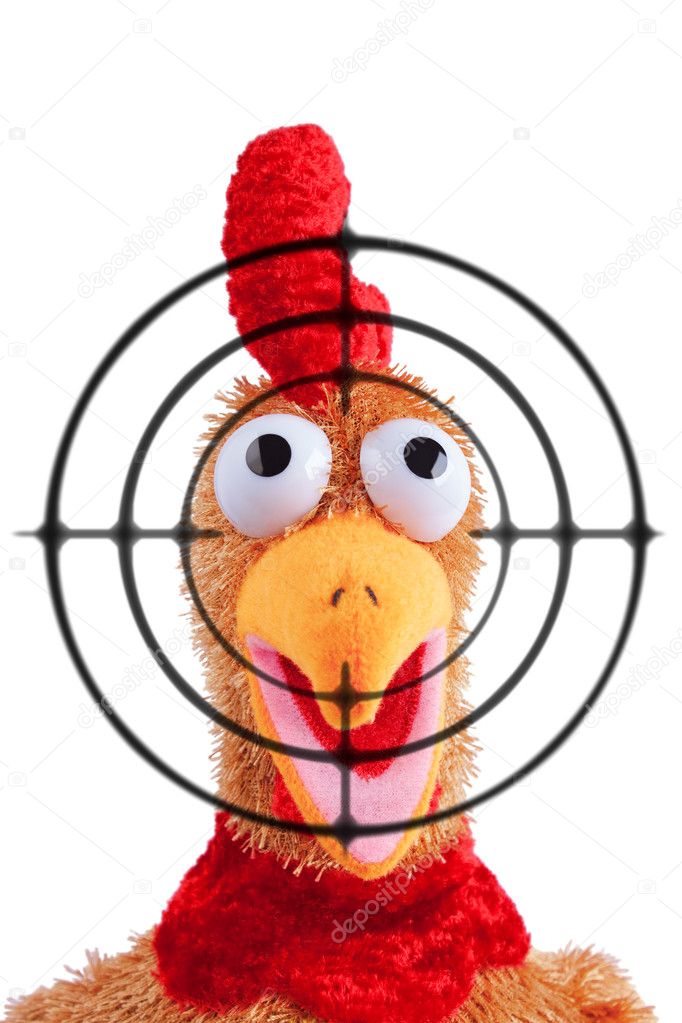 Shouting rooster toy with target on foreground