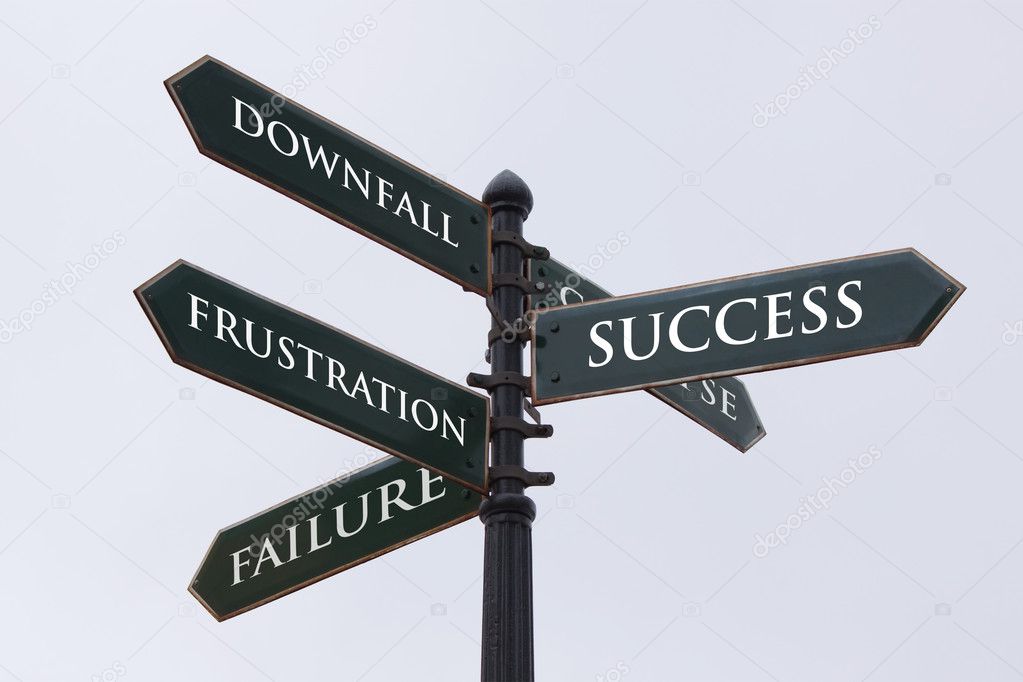Directions road sign for success failure frustration and downfal