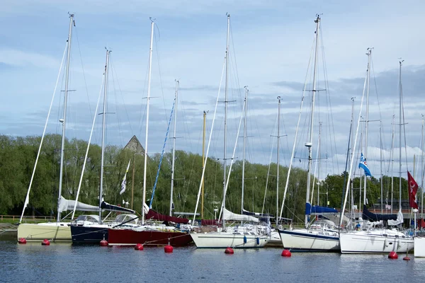 stock image Moored luxury sailing yachts on summer day