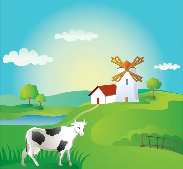 Fundo rural com vaca — Vetor de Stock