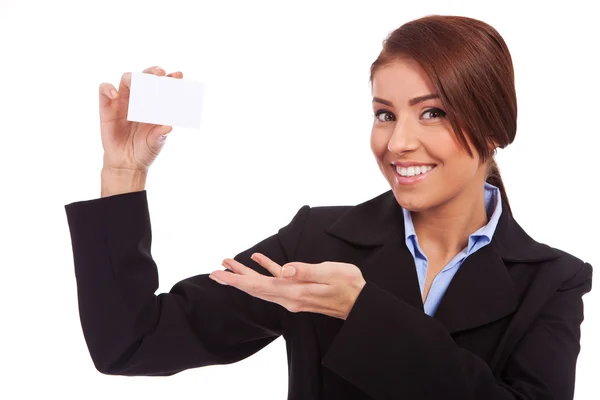 Businesswoman showing blank business card — Stock Photo, Image