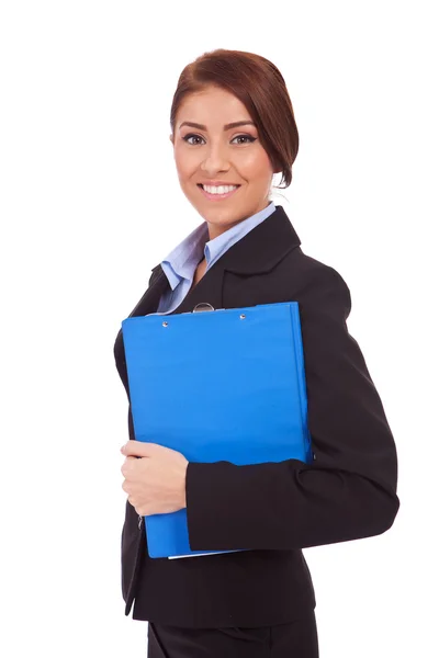 Portrét obchodní ženy držící schránky — Stock fotografie