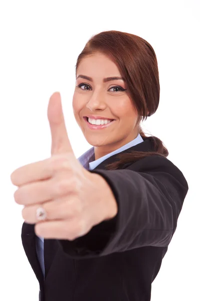 Mulher de negócios fazendo polegar para cima ok gesto — Fotografia de Stock