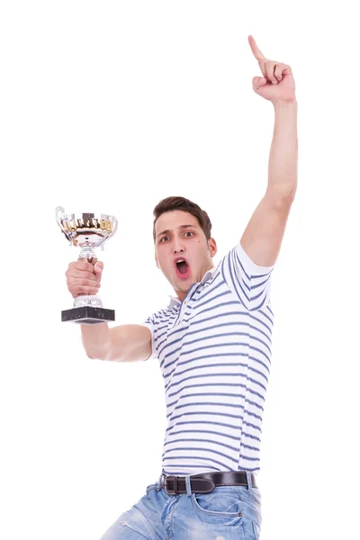 Jovem homem casual ganhando um troféu — Fotografia de Stock