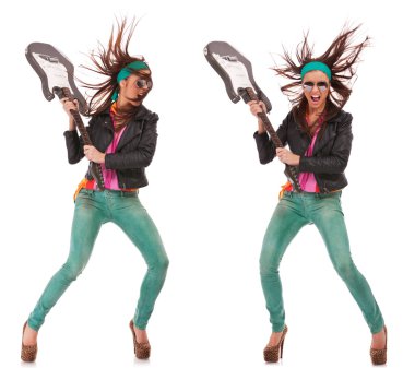 Hot excited rock and roll woman breaking guitar clipart