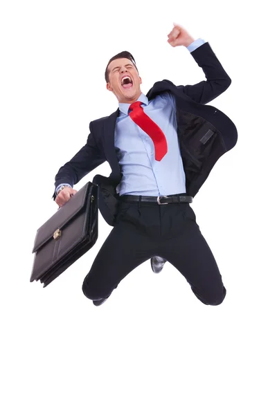 Super excited business man with briefcase — Stock Photo, Image