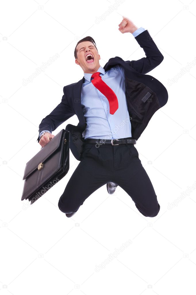 Super excited business man with briefcase