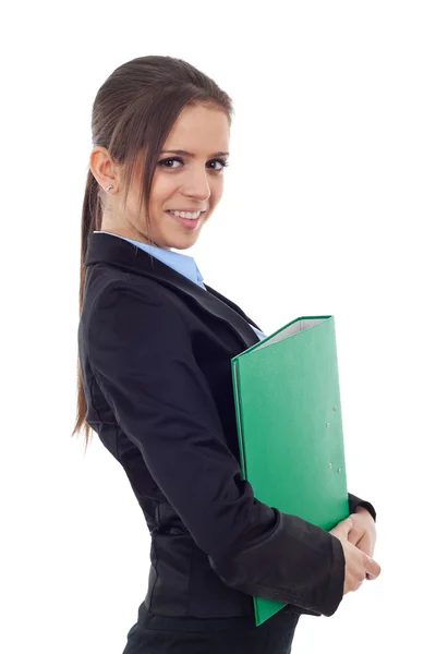 Joven mujer de negocios sosteniendo una cartera — Foto de Stock