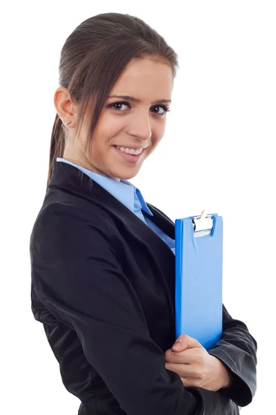 Joven mujer de negocios sosteniendo un portapapeles — Foto de Stock