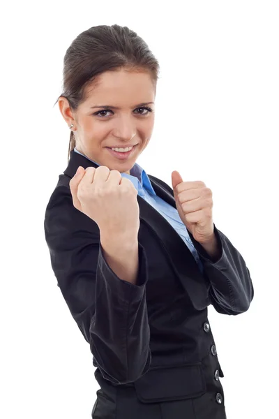 Young business woman in fighting position — Stock Photo, Image