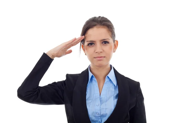 Young business woman saluting — Stock Photo, Image