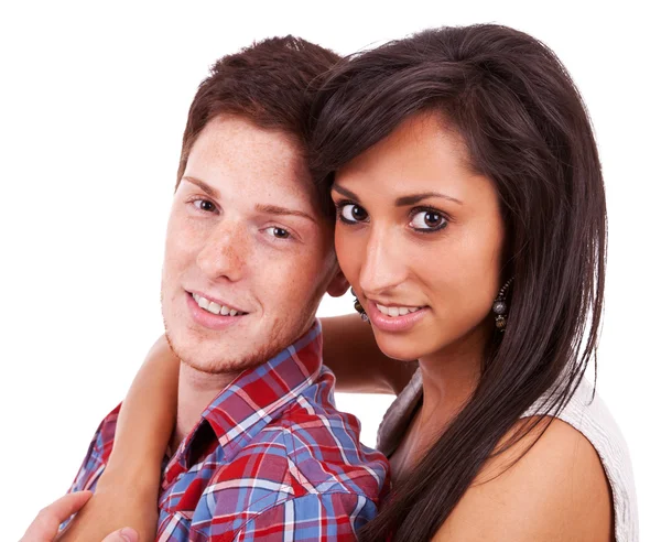 젊은 여성이 그녀의 남자 친구의 목의 주위에 그녀의 손을 잡고 — 스톡 사진