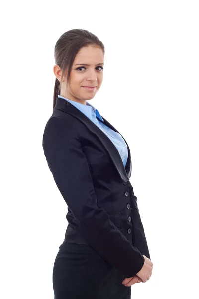 Young business woman standing and holding her hands together — Stock Photo, Image