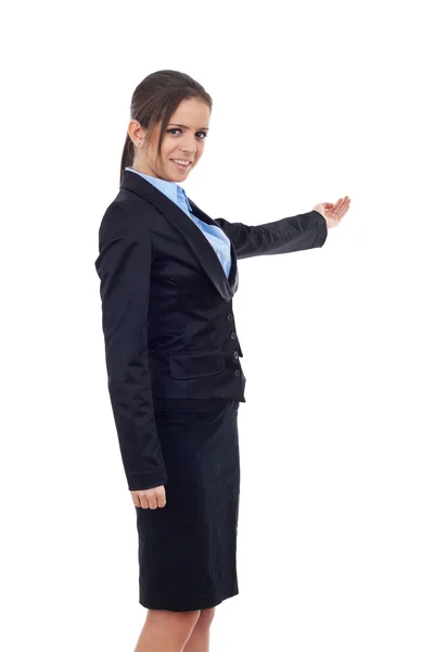 Jovem mulher de negócios com gesto de demostração pela mão esquerda — Fotografia de Stock