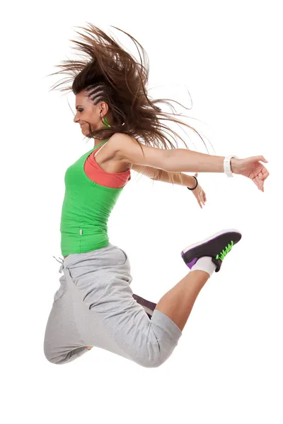 Funky dancer jumping with knees bent — Stock Photo, Image