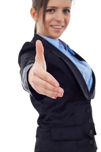 그녀의 손을 밖으로 퍼 팅 하는 비즈니스 우먼 — 스톡 사진