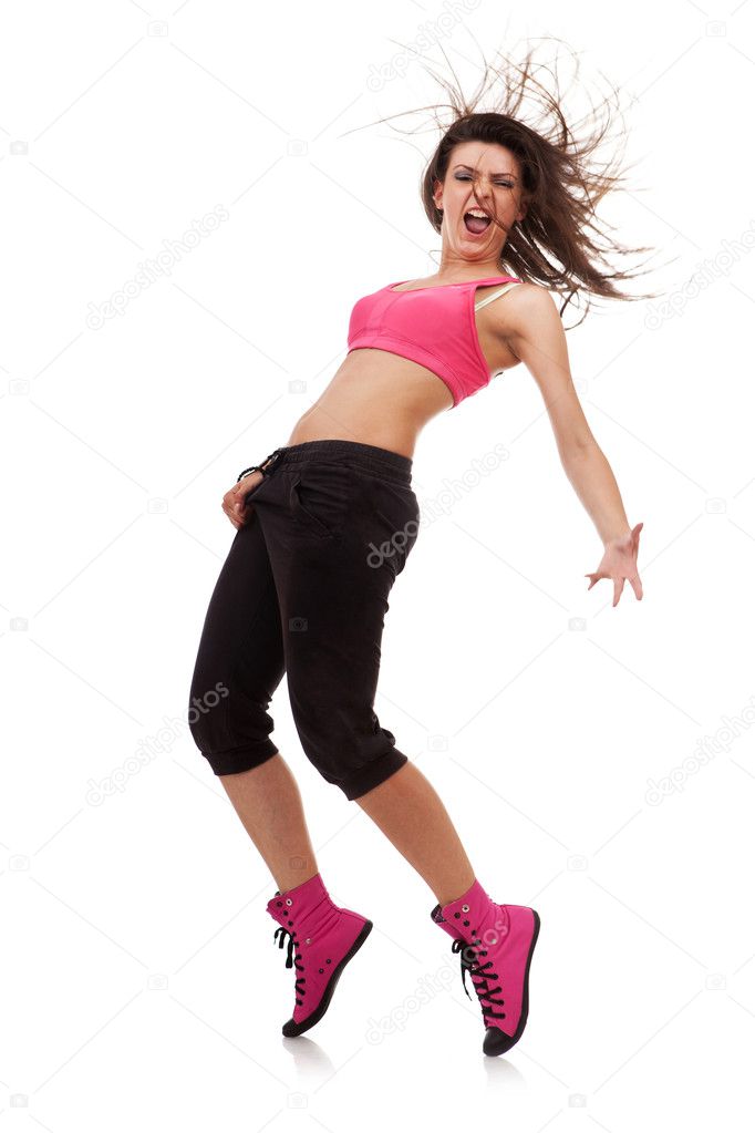 Woman dancer in a crotch-holding pose