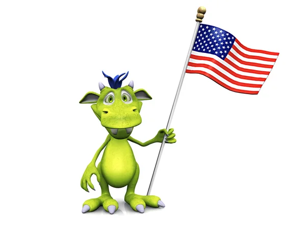 Monstruo de dibujos animados lindo sosteniendo una bandera americana . —  Fotos de Stock