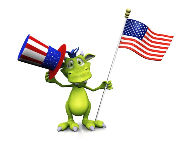 Mignon monstre dessin animé tenant un drapeau américain et chapeau . — Photo