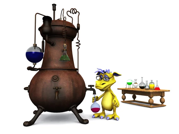 Cute cartoon monster in his chemistry lab. — Stock Photo, Image