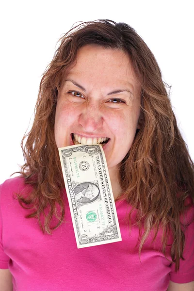 Banknote in woman mouth — Stock Photo, Image