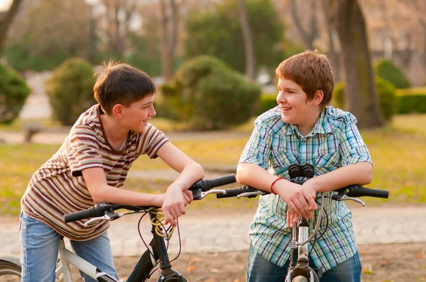 Two happy teenage boys talk in the park while resting on their bicycles — Stock Photo, Image