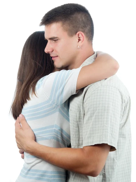 Homem consolando sua namorada isolado no branco — Fotografia de Stock