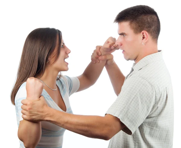 Mujer enojada rechaza a su novio aislado en blanco — Foto de Stock