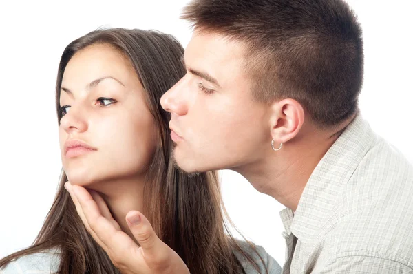Angry woman rejects her boyfriend isolated on white — Stock Photo, Image