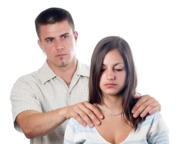 Mann tröstet seine Freundin isoliert auf Weiß — Stockfoto