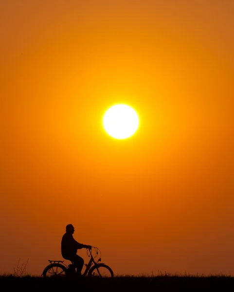 Silhouette of senior man riding bicycle on sunny summer day — Stock Photo, Image