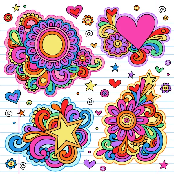 Vrede en liefde psychedelische groovy doodles vector ontwerpen — Stockvector