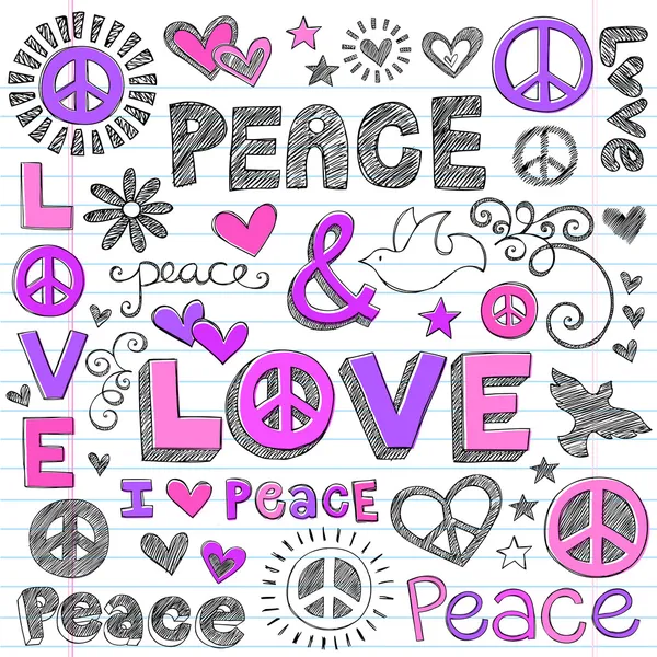 Vrede & liefde schetsmatig Doodles Vector Design Elements — Stockvector