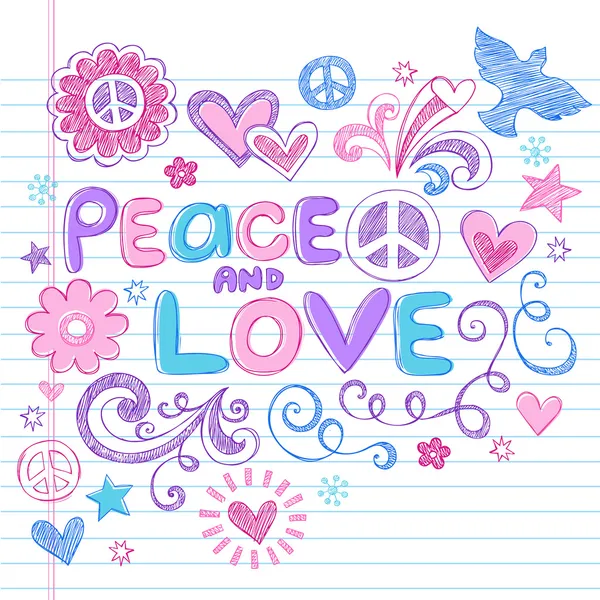 Frieden und Liebe skizzenhaftes Doodle zurück zu Schulvektordesign-Elementen — Stockvektor
