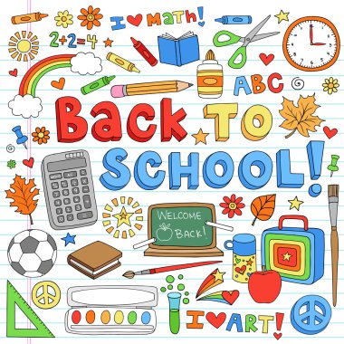 Back to School Classroom Supplies Notebook Doodle Vector Design Elements clipart