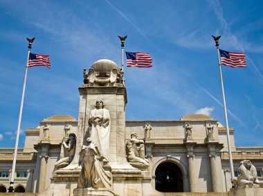 Union Station at Washington DC with Three American Flags clipart