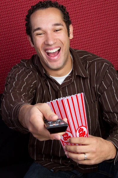 Popcorn Man Watching TV — Stock Photo, Image