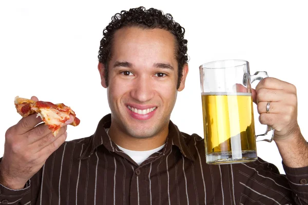Pizza ve bira adamı — Stok fotoğraf