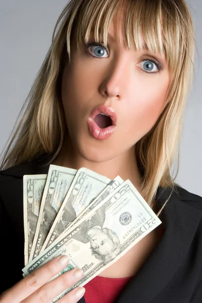 Šokovaný peníze žena — Stock fotografie
