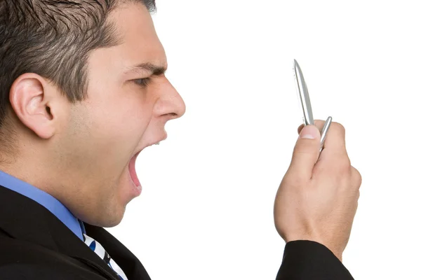Homem de negócios irritado gritando em telefone — Fotografia de Stock