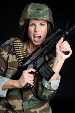 Female Soldier with automatic Gun clipart