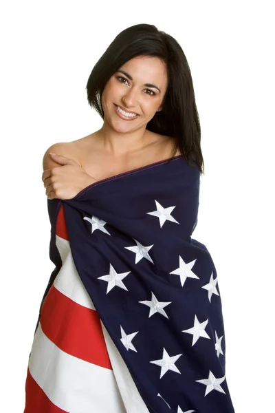 Mulher embrulhada em bandeira dos EUA — Fotografia de Stock