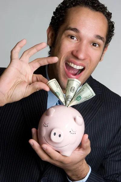 Feliz Piggy Bank Man — Fotografia de Stock
