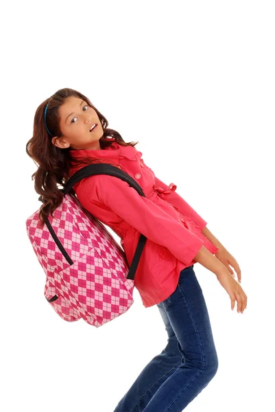 Chica de la escuela joven con mochila pesada —  Fotos de Stock