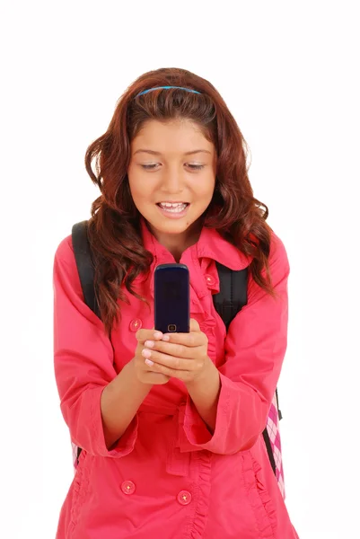 Genç kız manifatura cep telefonu — Stok fotoğraf